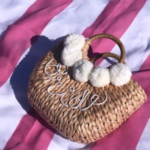 Bride Wedding Rattan Straw Pom Pom Clutch Bag